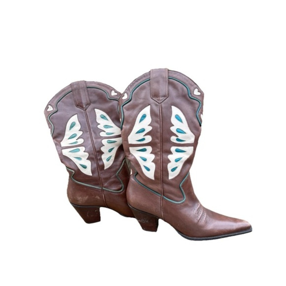 Nine West VTG Y2K Brown Leather Cowboy Boots Turquoise‎ Butterfly Wing Sz 8